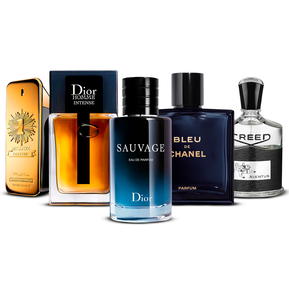 Set di 5 profumi  –  1 Million, Dior Homme Intense, Sauvage, Bleu de Chanel e Creed Aventus  [100 ml ciascuno]