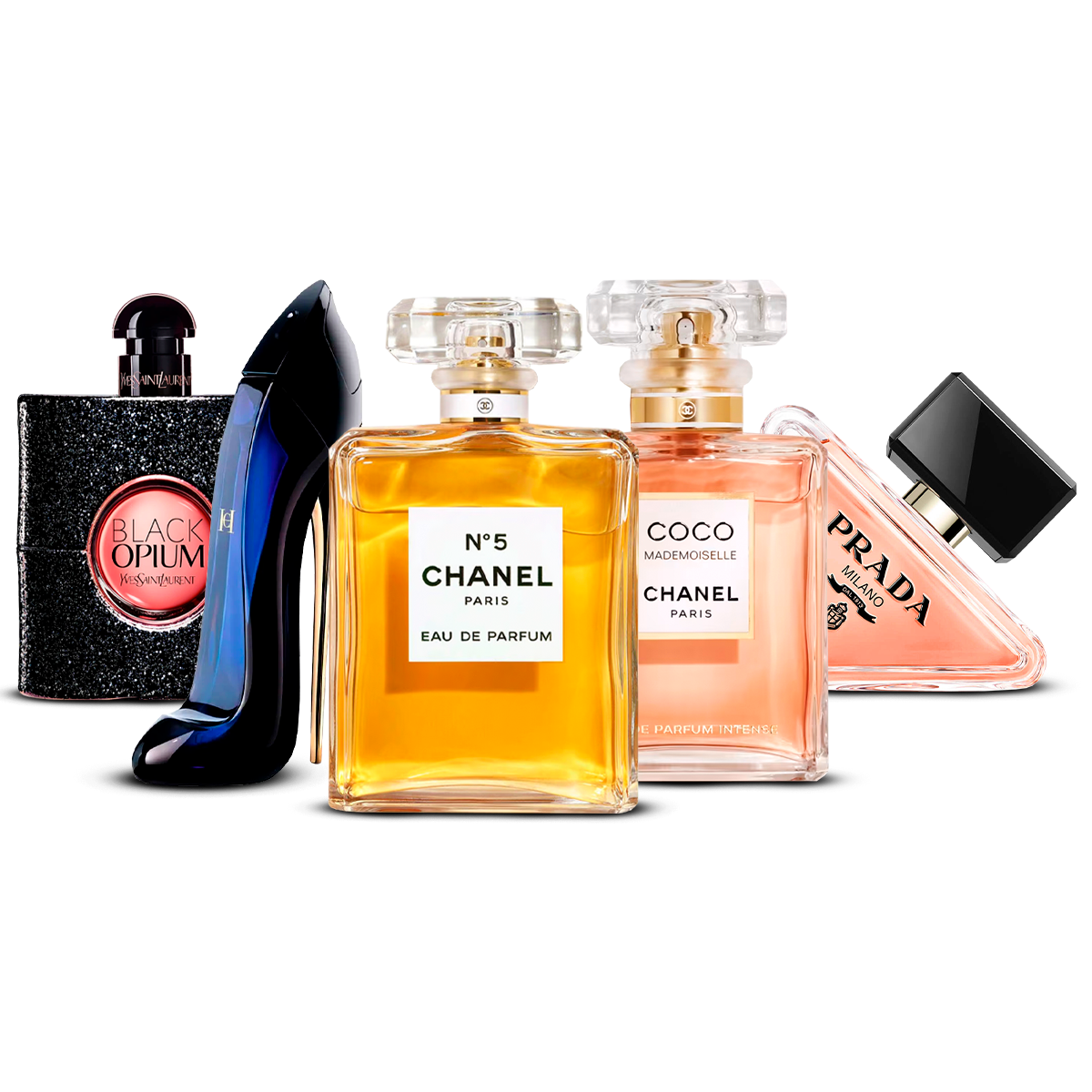 Set di 5 profumi – Black Opium, Good Girl, Chanel N°5, Coco Mademoiselle e Prada Paradoxe [100 ml ciascuno]