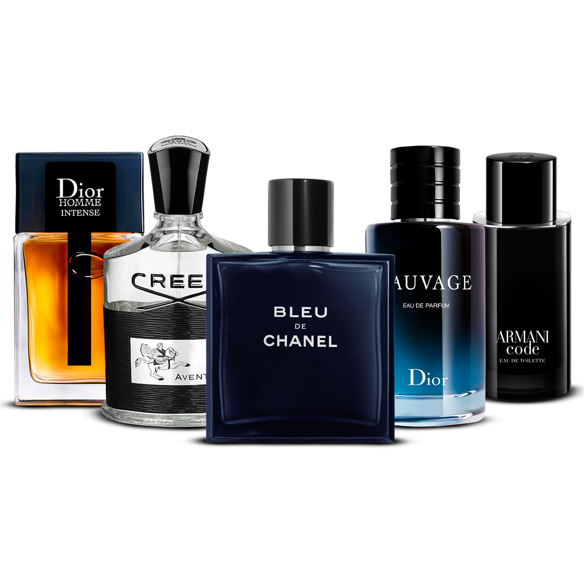 Set di 5 profumi  –  Dior Homme Intense, Creed Aventus, Bleu de Chanel, Sauvage e Armani Code   [100 ml ciascuno]