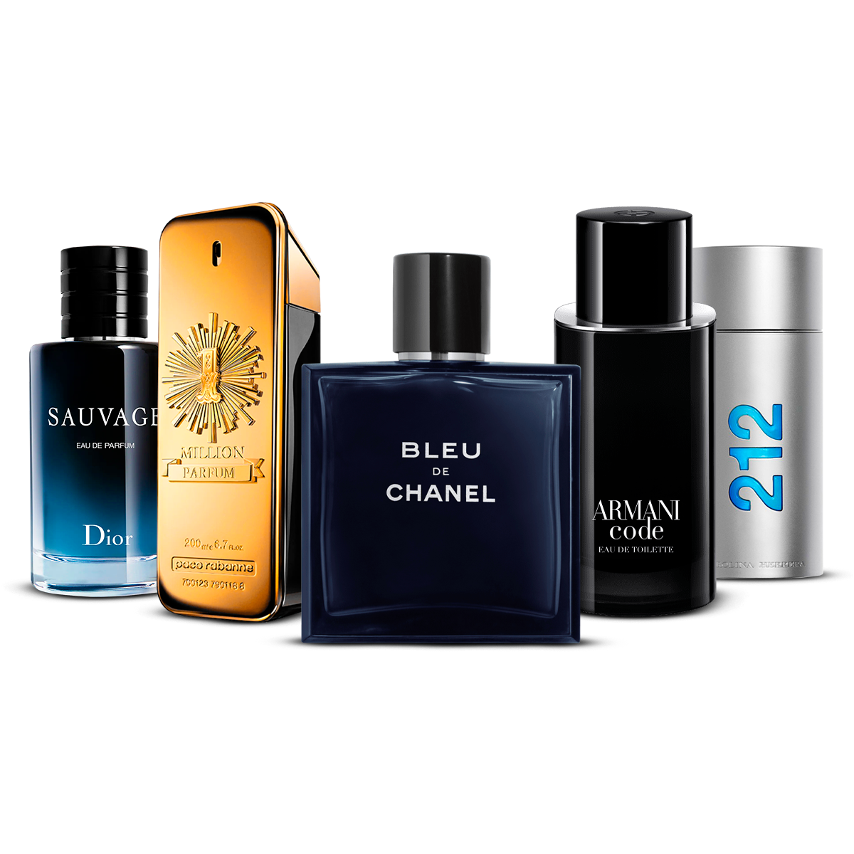 Set di 5 profumi   – Sauvage, 1 Million, Bleu de Chanel, Armani Code e 212 Men  [100 ml ciascuno]