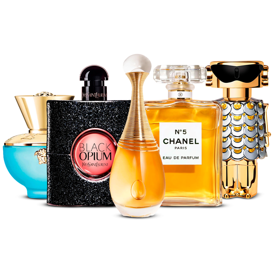 Set di 5 profumi  – Versace Dylan Turquoise, Black Opium, J'adore, Chanel Nº5 e Fame  [100 ml ciascuno]