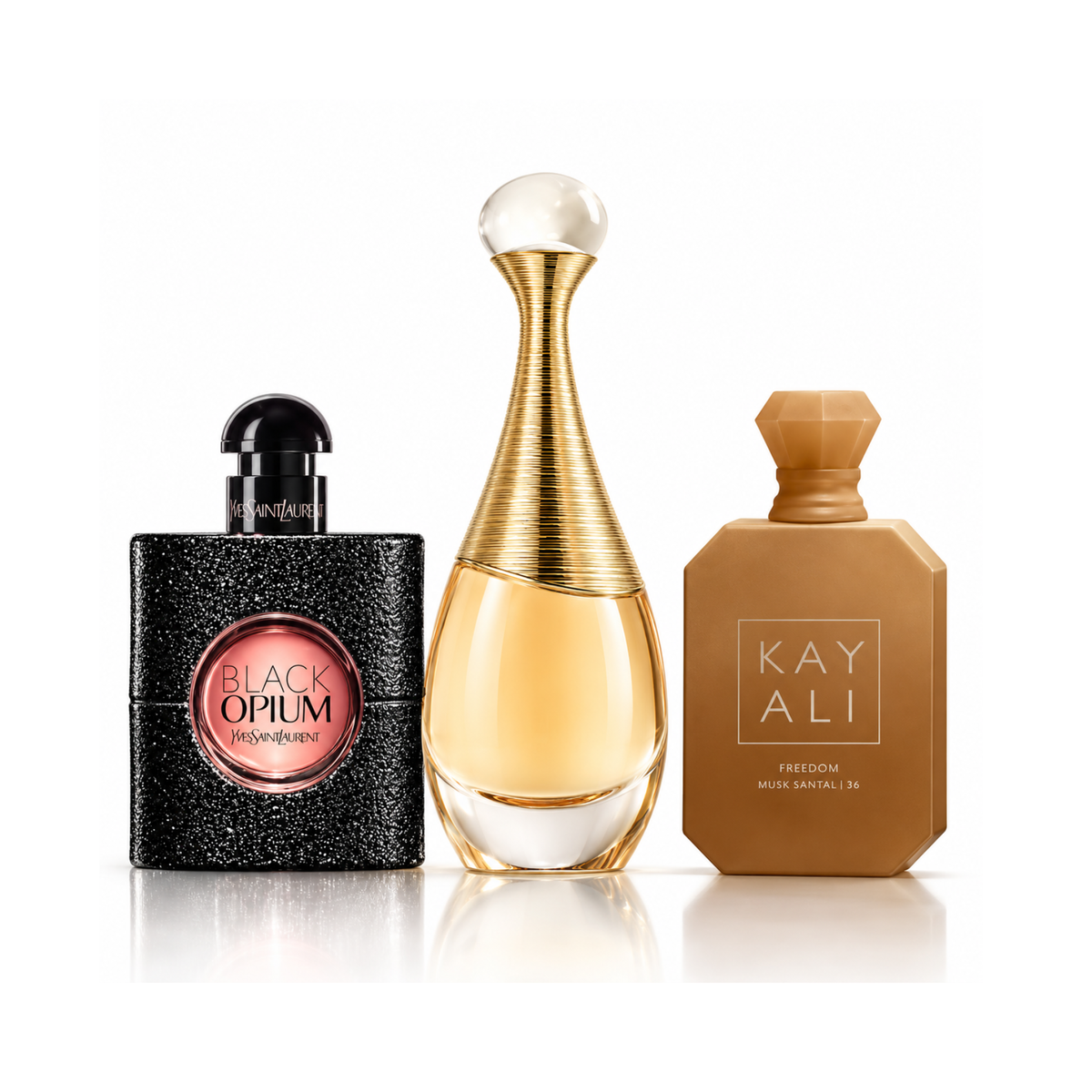 Set di 3 profumi | Black Opium YSL Eau de Parfum – 90 ml | J’adore Dior Eau de Parfum – 100 ml | Freedom Musk Santal | 34 Kayali Eau de Parfum – 100 ml