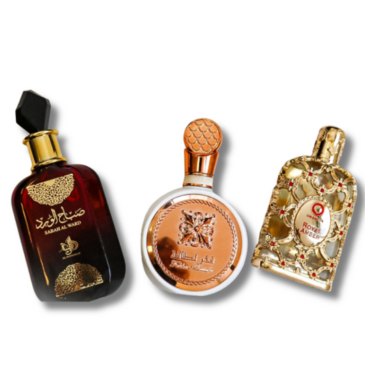 Set di 3 profumi | Sabah Al Ward 100 ml, Fakhar 100 ml, Royal Amber 100 ml