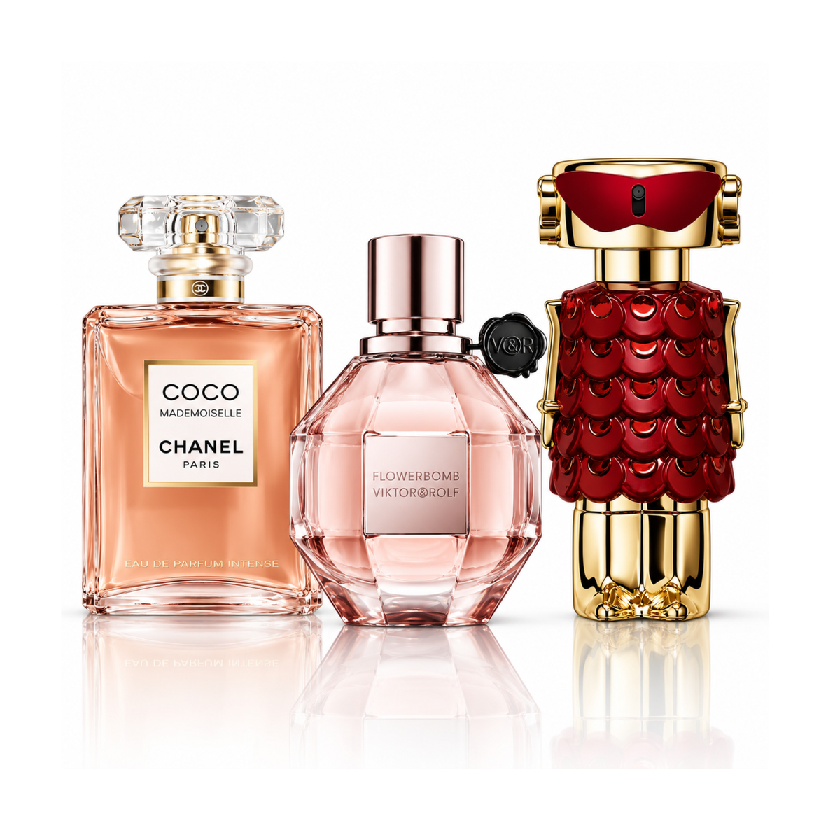 Set di 3 profumi | Coco Mademoiselle Chanel Eau de Parfum – 100 ml | Flowerbomb Viktor&Rolf Eau de Parfum – 100 ml | Fame In Love Rabanne Parfum Elixir – 80 ml