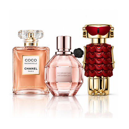 Set di 3 profumi | Coco Mademoiselle Chanel Eau de Parfum – 100 ml | Flowerbomb Viktor&Rolf Eau de Parfum – 100 ml | Fame In Love Rabanne Parfum Elixir – 80 ml