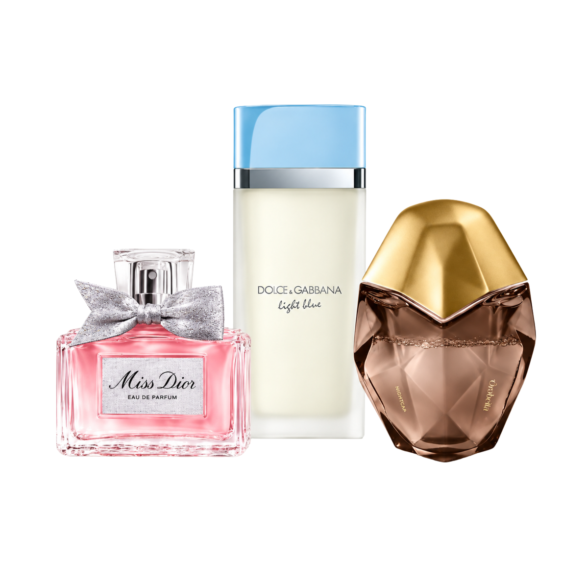 Set di 3 profumi | Miss Dior Eau de Parfum – 100 ml | Light Blue Dolce&Gabbana Eau de Toilette – 100 ml | Ôrəbella Skin Parfum – 100 ml