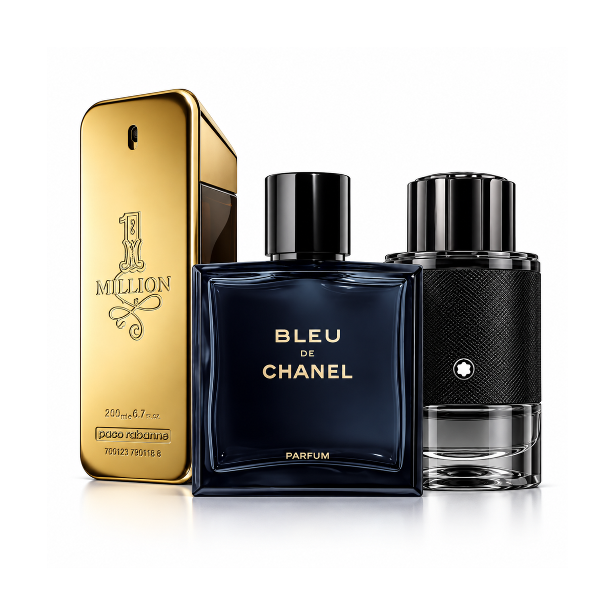 Set di 3 profumi | One Million Rabanne Eau de Toilette – 200 ml | Bleu de Chanel Eau de Parfum – 150 ml | Montblanc Explorer Extreme Eau de Parfum – 100 ml