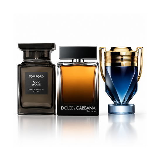 Set di 3 profumi |Oud Wood Tom Ford Eau de Parfum – 100 ml  | The One for Men Dolce & Gabbana Eau de Parfum – 150 ml  | Invictus Rabanne Eau de Toilette – 200 ml