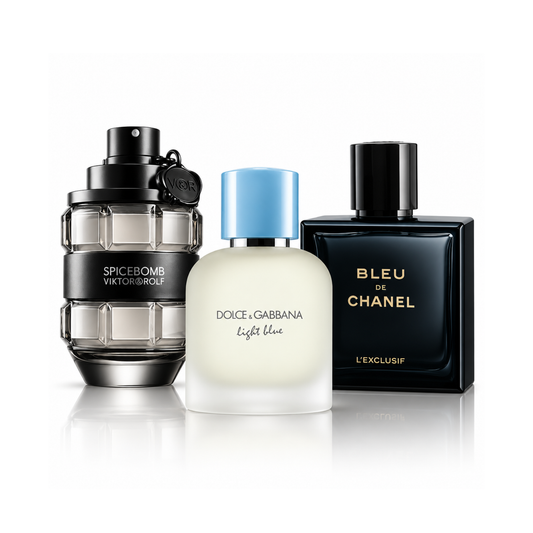 Set di 3 profumi |Spicebomb Viktor&Rolf Eau de Toilette – 100 ml | Light Blue Pour Homme Dolce&Gabbana Eau de Toilette – 100 ml | Bleu de Chanel L’Exclusif – 100 ml
